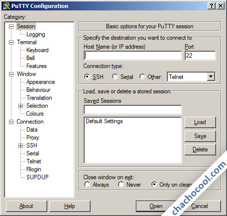 pantalla inicial de putty