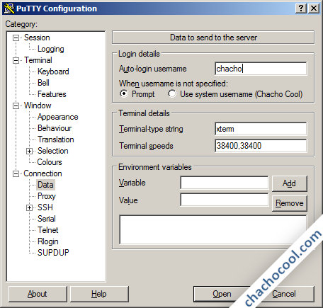 configurando un usuario predeterminado en putty