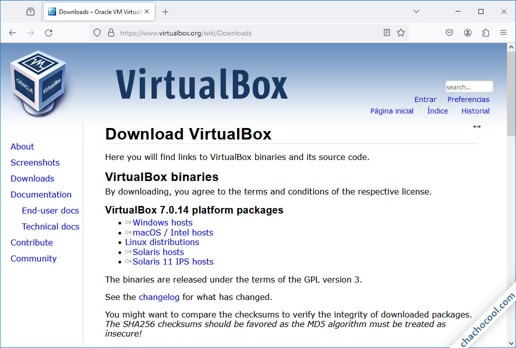Página de descarga de Virtual Box